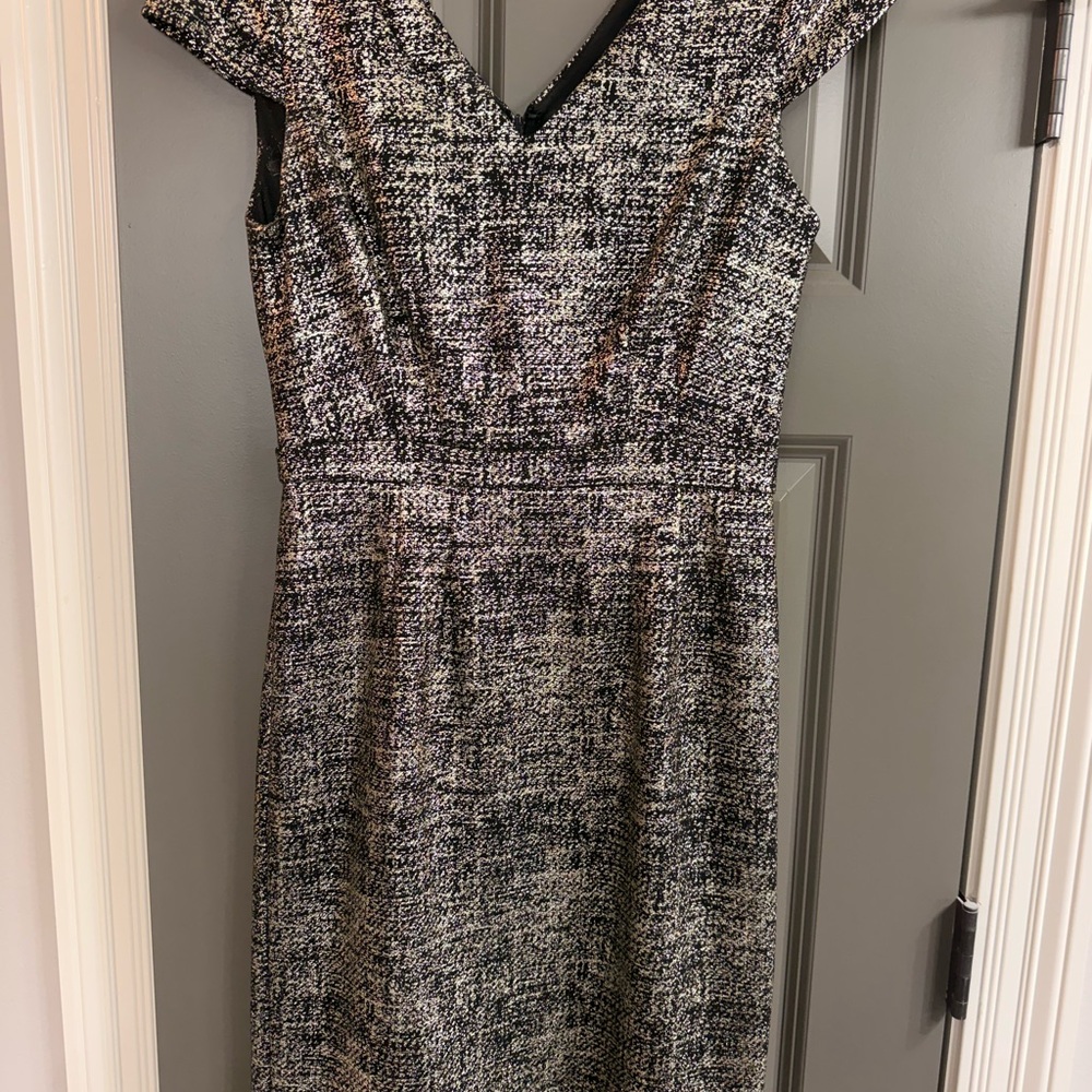 Betsey Johnson Black and Gold Tweed V-Neck Sheath Dress
